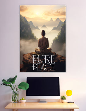 Woman meditating on misty mountain cliff at sunrise