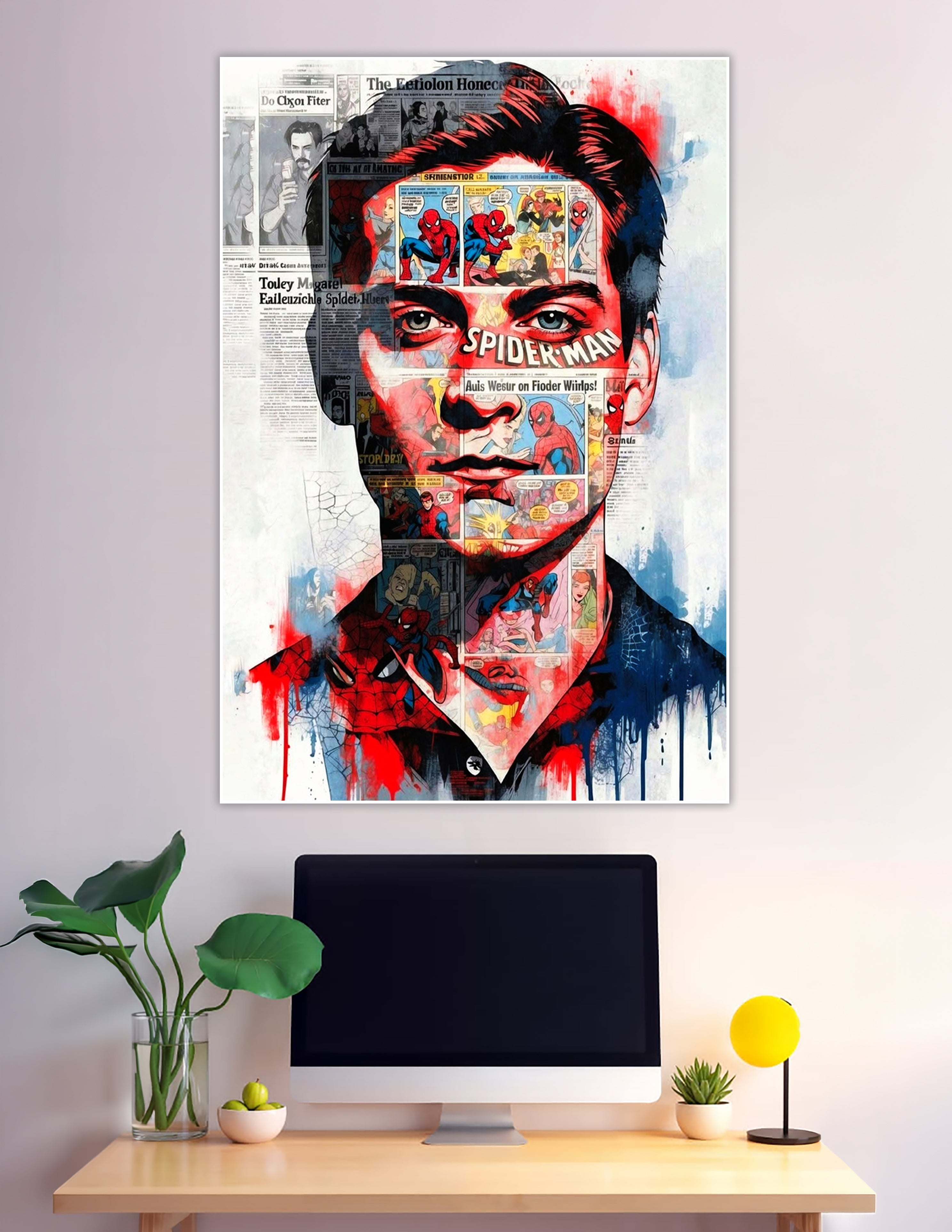 Spider-Man pop art portrait with vintage comic panel collage