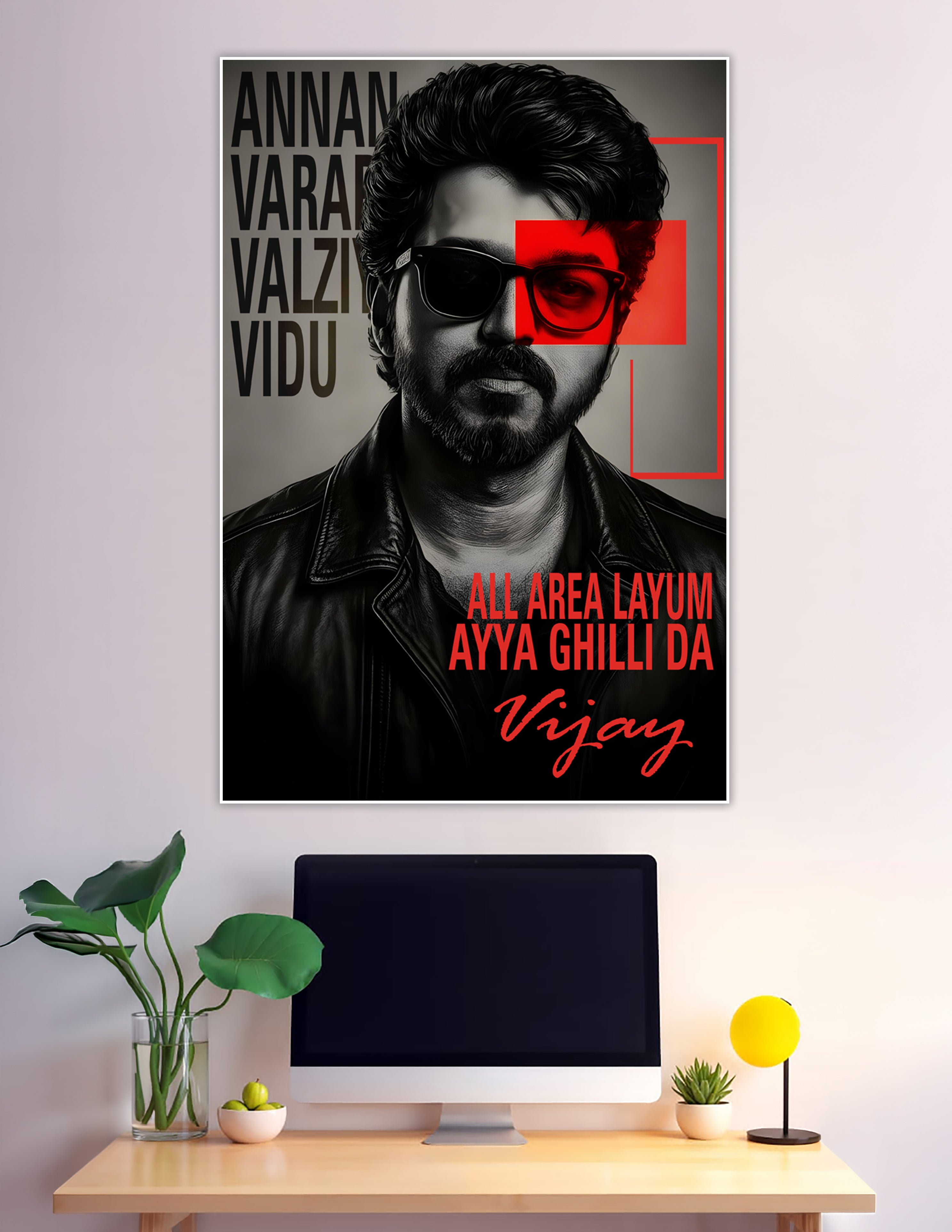 Black and white fan art poster of Tamil actor Vijay wearing sunglasses with red graphic overlay and Ghilli dialogue text