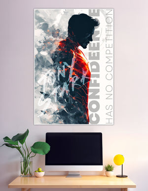 Cinematic silhouette of a man with glowing red energy lines and bold text reading Confidence Has No Competition on a dramatic fragmented background