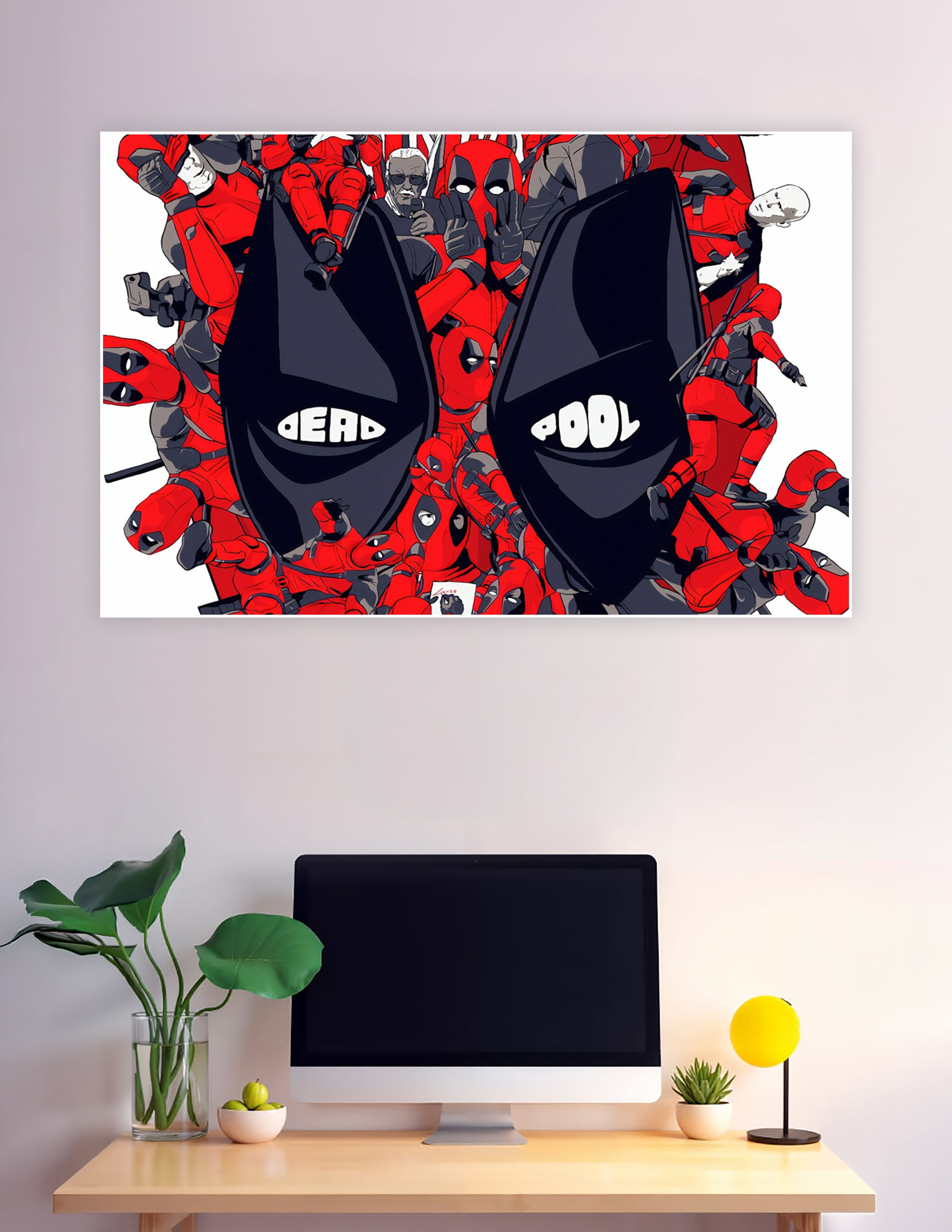 Deadpool collage poster with mask typography and Stan Lee