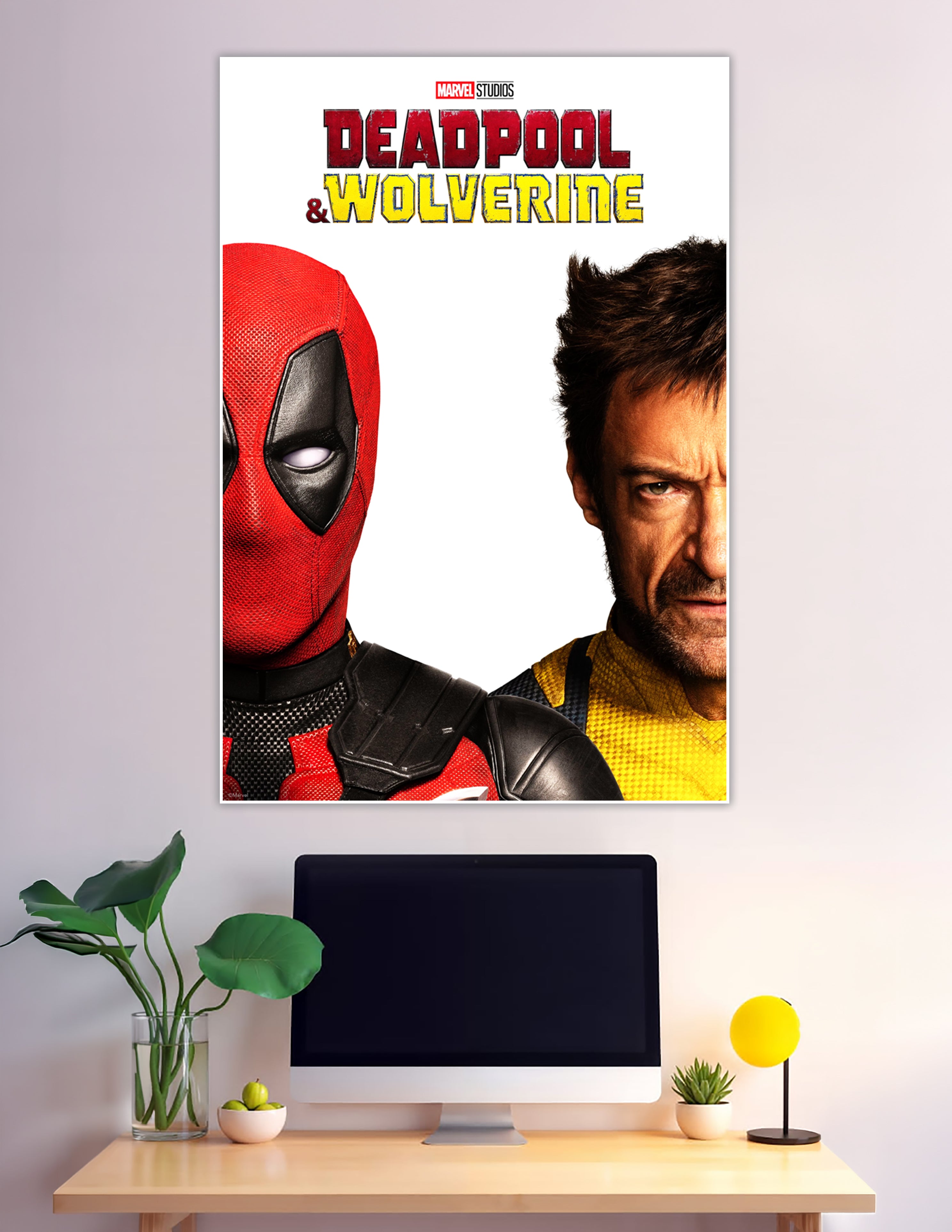 Marvel Studios Deadpool and Wolverine official movie poster featuring Deadpool in red suit and Wolverine in yellow on white background