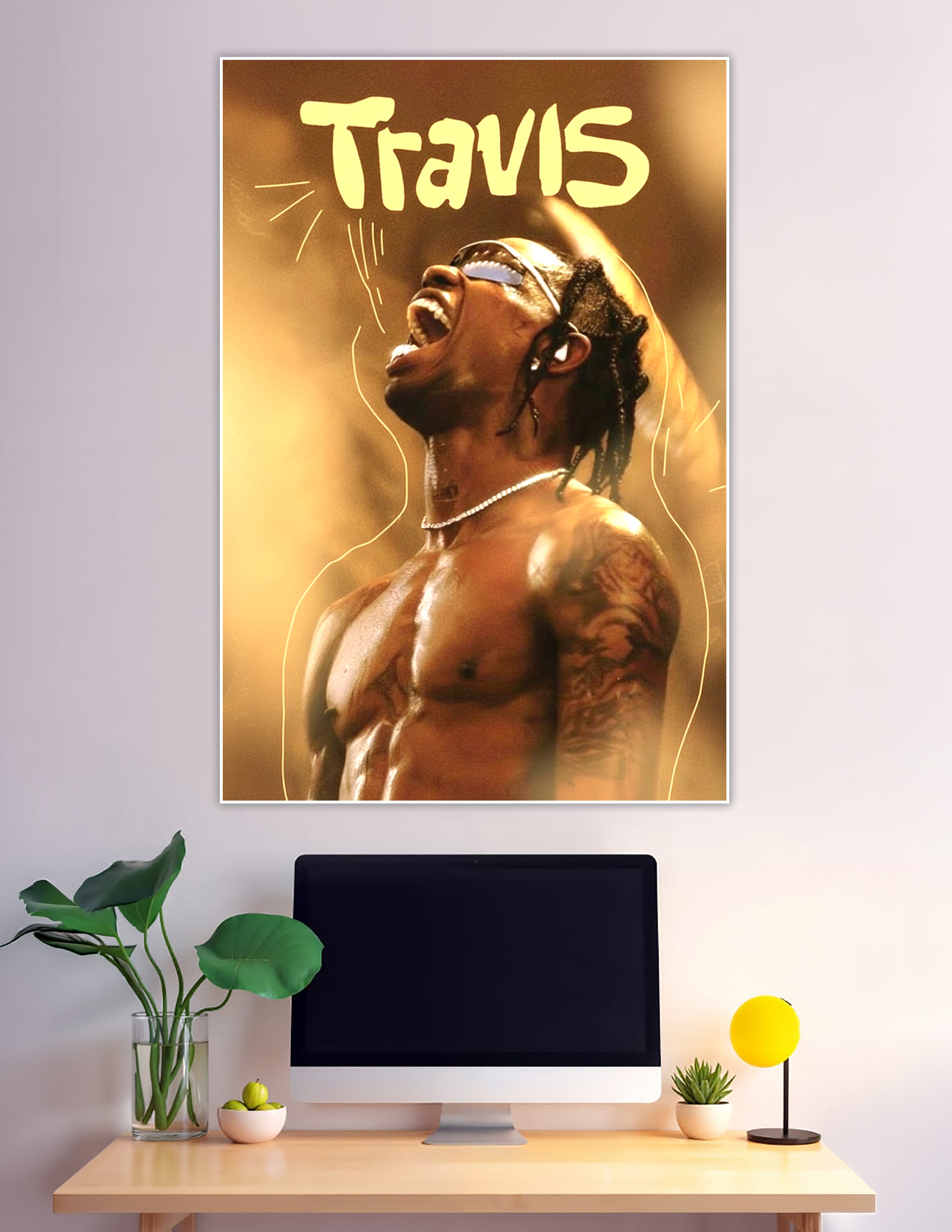 Travis Scott shirtless concert performance golden poster art