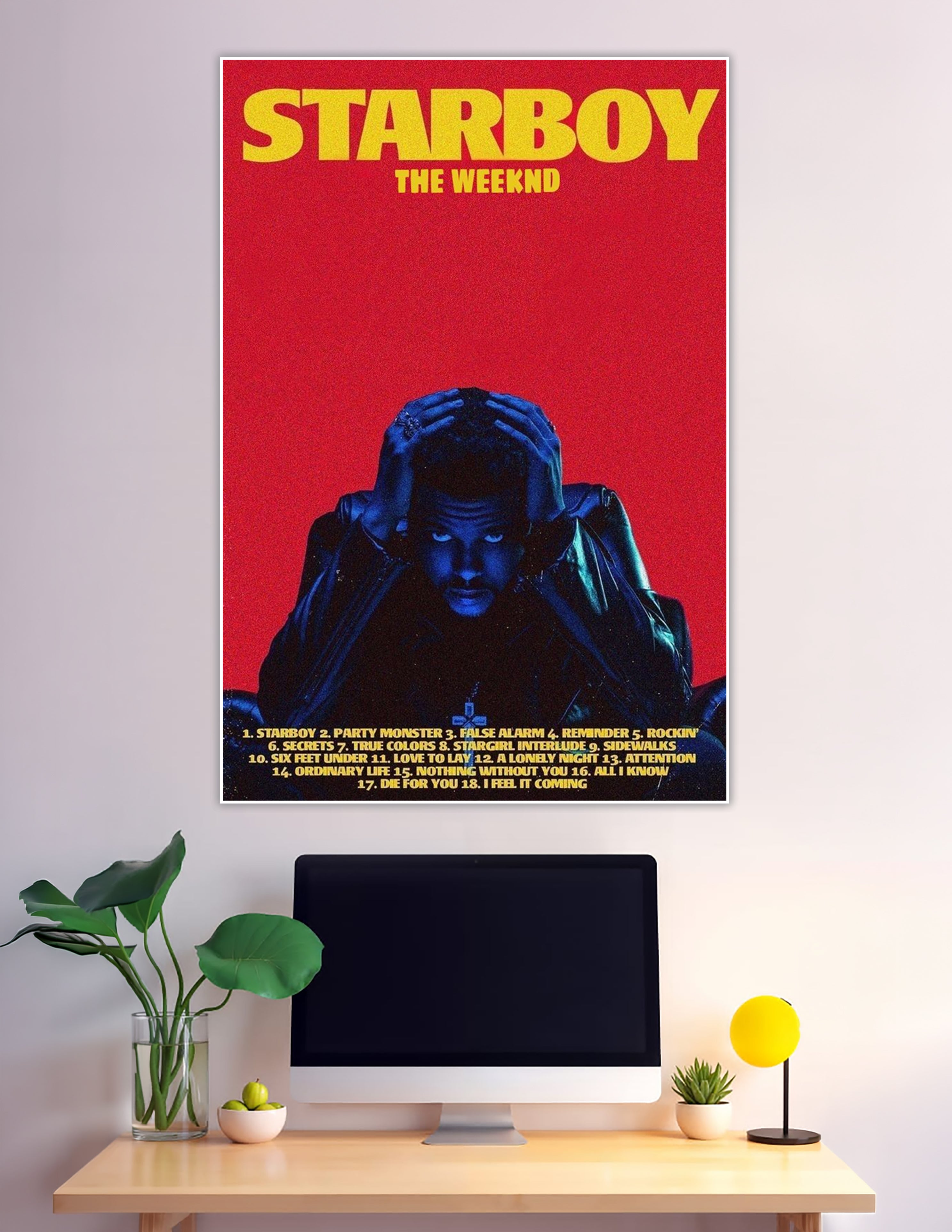The Weeknd Starboy album cover poster with bold red background, blue-lit figure, yellow title text, and full tracklist