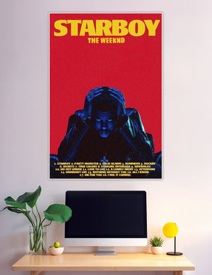 The Weeknd Starboy album cover poster with bold red background, blue-lit figure, yellow title text, and full tracklist