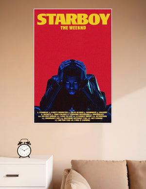 The Weeknd Starboy album cover poster with bold red background, blue-lit figure, yellow title text, and full tracklist