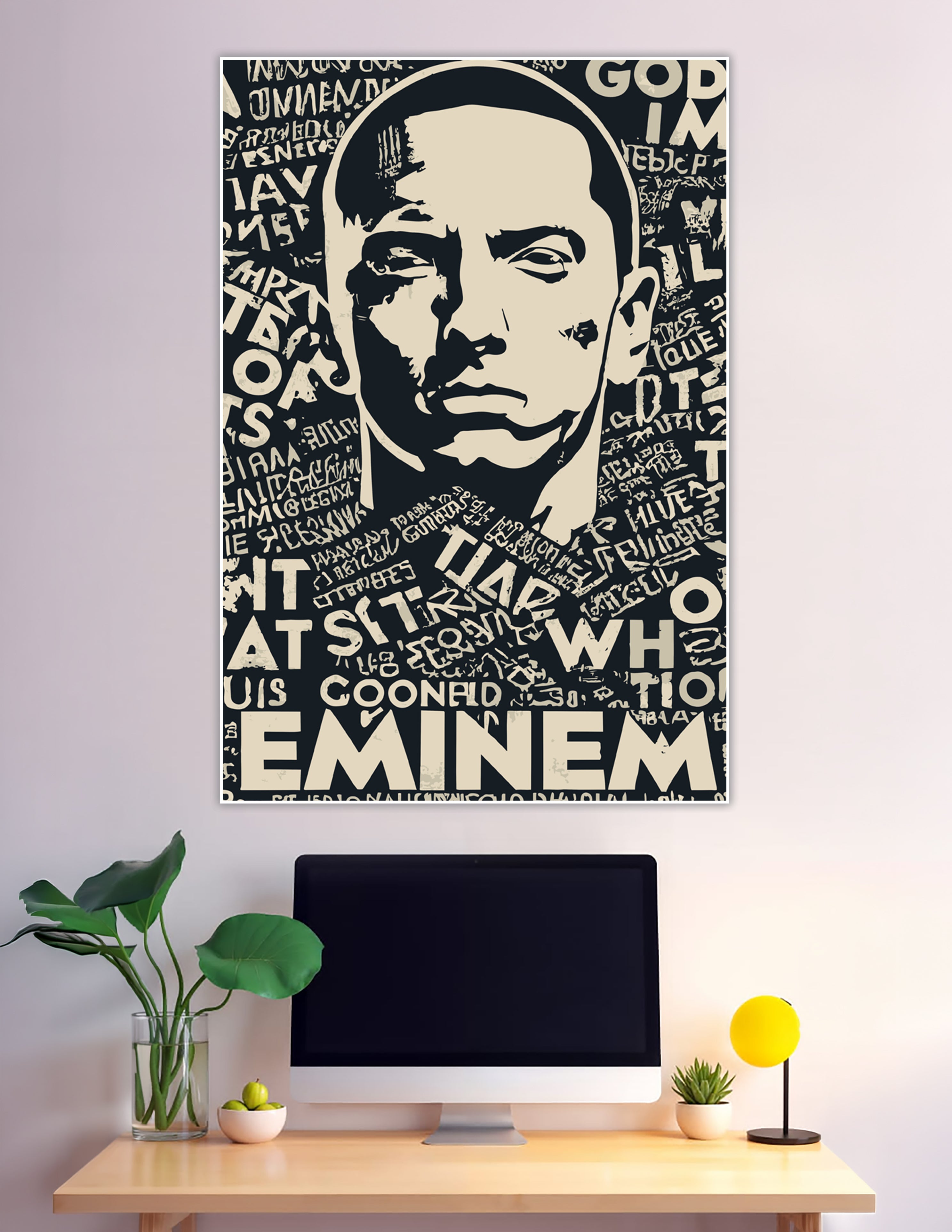 Eminem stencil portrait poster with typography graffiti background