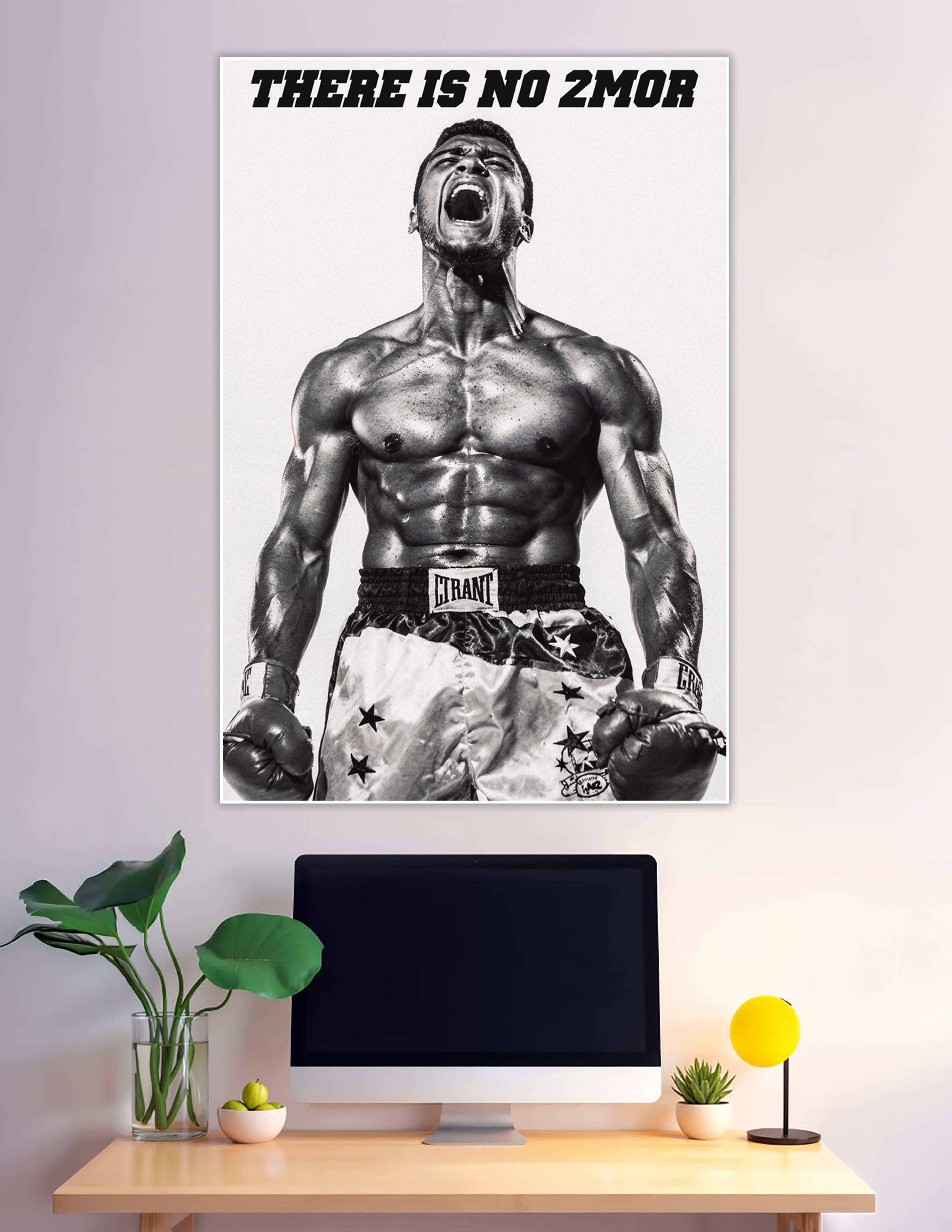 Black and white boxing poster of a muscular fighter roaring with fists raised, bold text reading There Is No 2Mor at the top