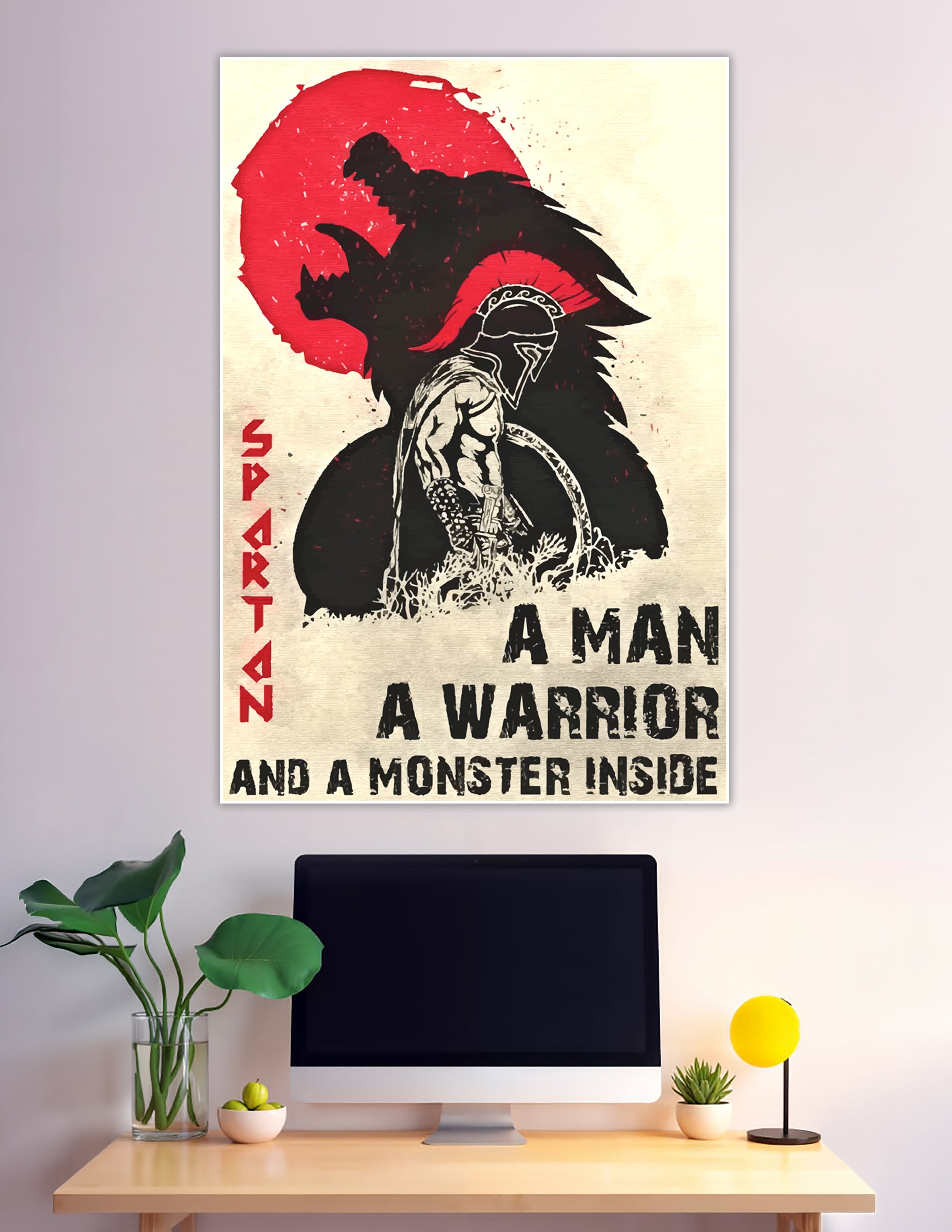 Spartan warrior with beast shadow and red sun poster