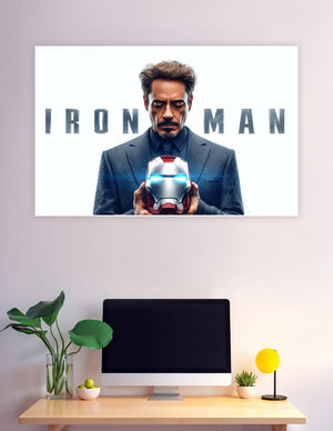 Tony Stark holding glowing Iron Man helmet poster