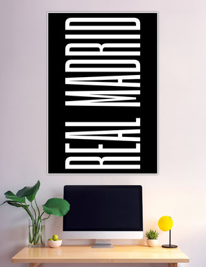 Bold white Real Madrid typography on black background poster