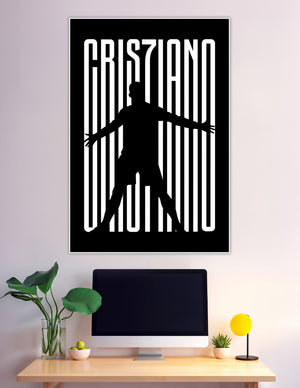Black and white Cristiano Ronaldo CR7 celebration silhouette overlaid on bold typographic lettering spelling CRISTIANO on a dark background