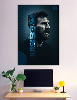 Cinematic blue-toned portrait poster of Lionel Messi with bold vertical MESSI typography and number 10 badge on dark background