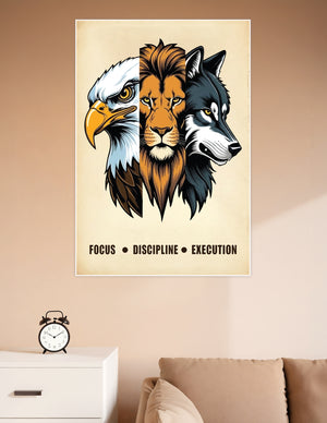 Motivational poster featuring a bald eagle, lion, and wolf side by side with the words Focus, Discipline, and Execution printed below on a vintage cream background