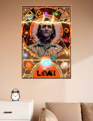 Marvel Studios Loki retro fan art poster featuring Loki at center surrounded by TVA Nexus event imagery, glowing Infinity Stones, lightning, and multiverse symbols on a warm amber background