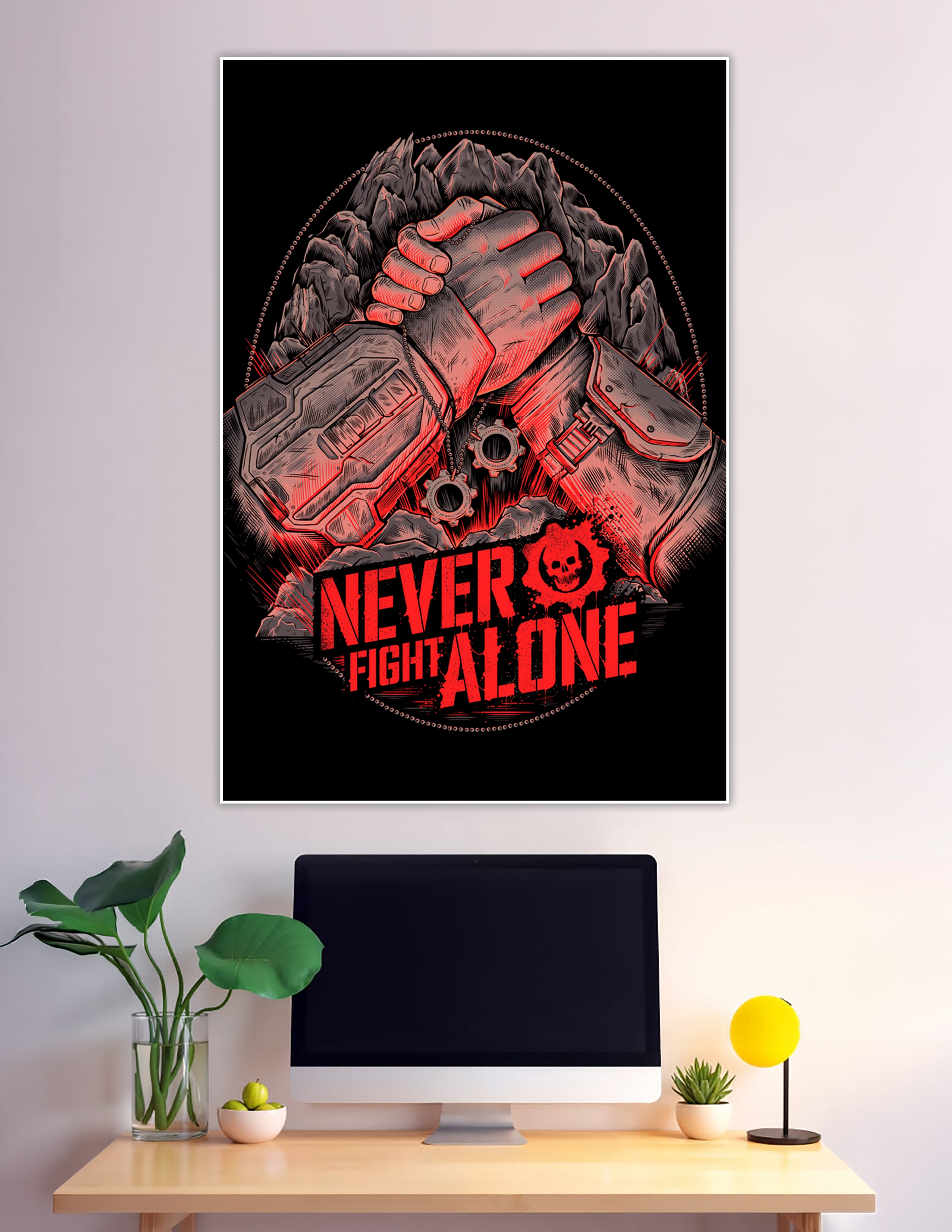 Dark gaming poster showing two armored hands locked in a warrior grip with the text Never Fight Alone in bold red letters and a skull gear logo