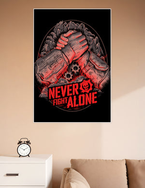 Dark gaming poster showing two armored hands locked in a warrior grip with the text Never Fight Alone in bold red letters and a skull gear logo