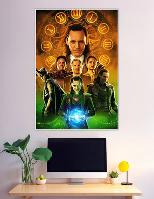 Loki Marvel series poster with cast and clock