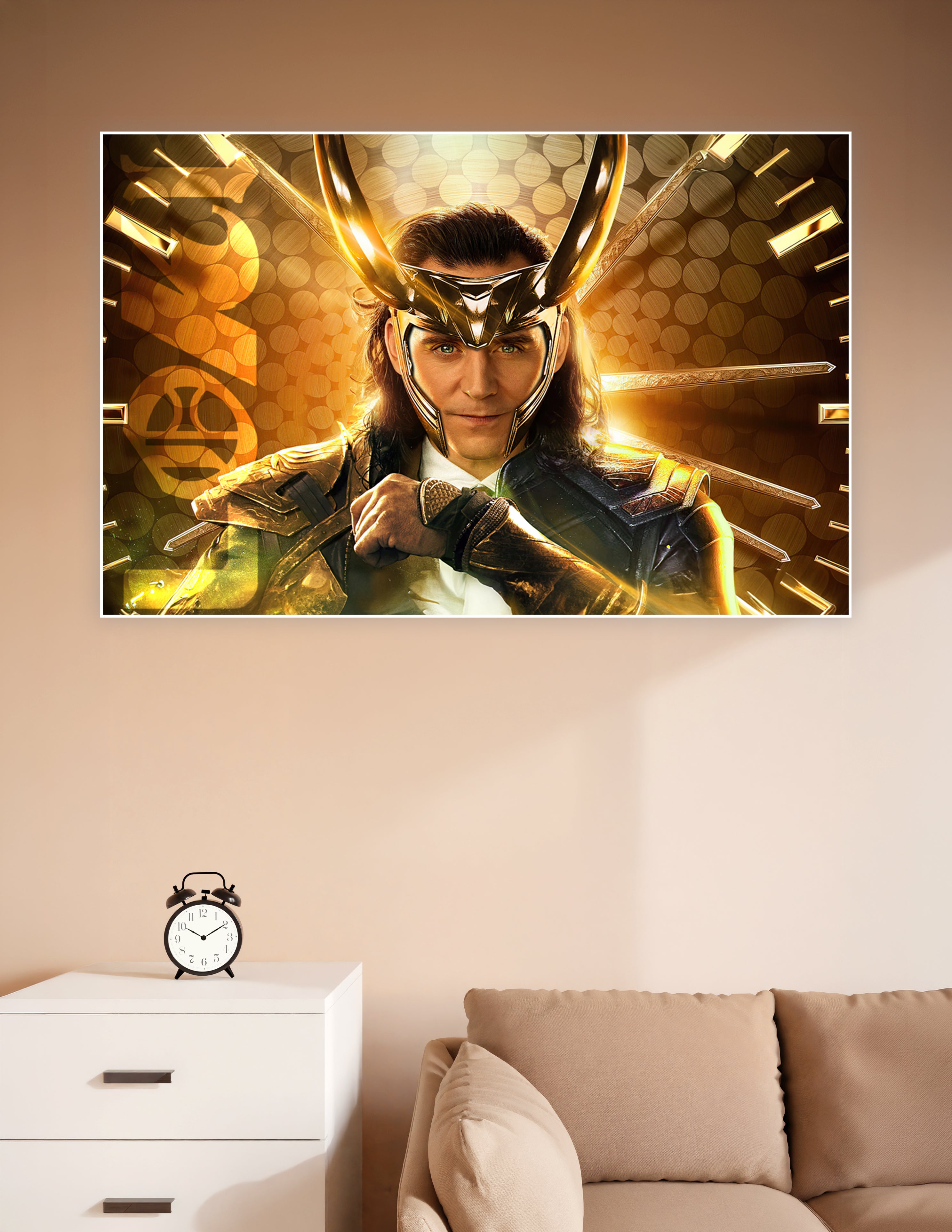 Loki in golden horned helmet and armor with dramatic golden bokeh background Marvel character poster print