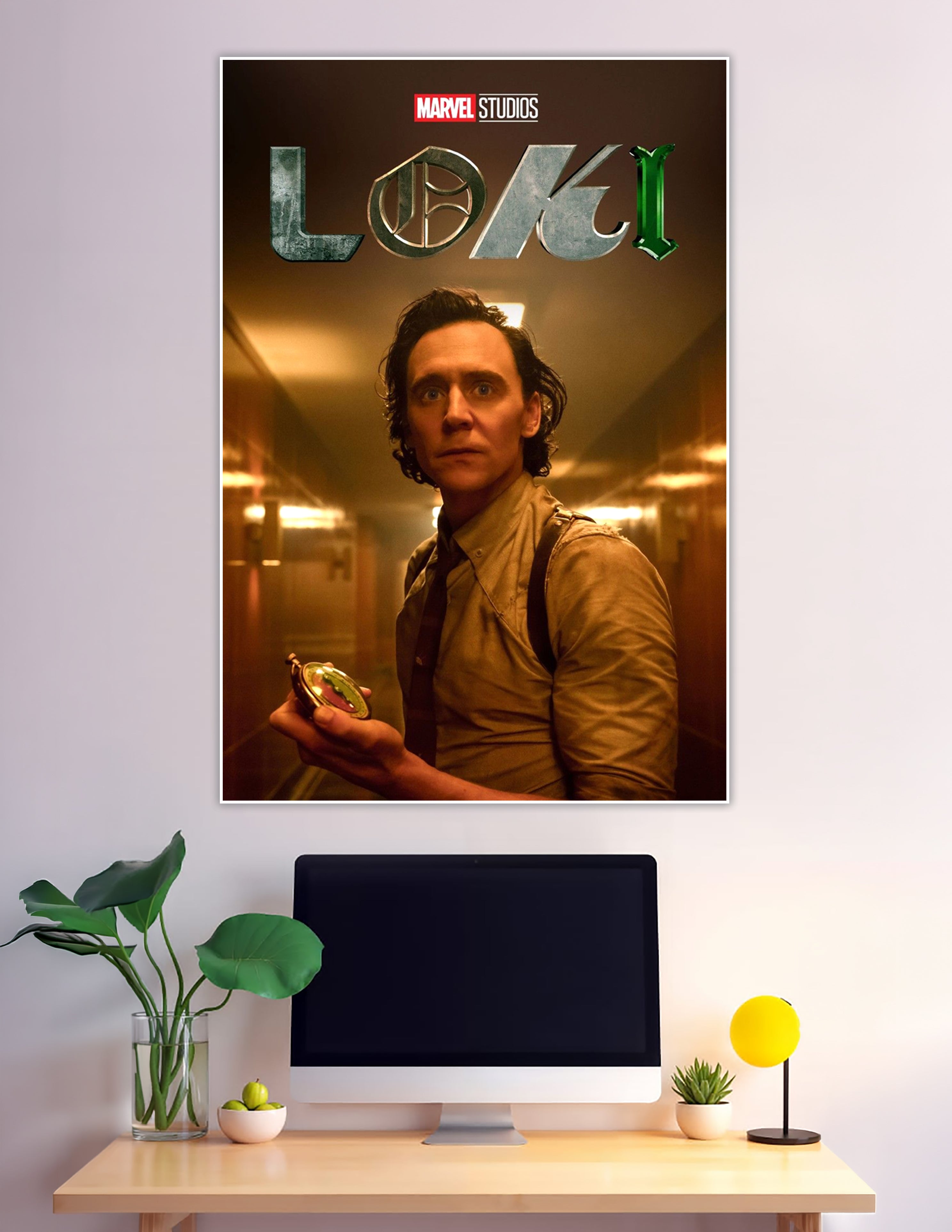 Marvel Studios Loki poster Tom Hiddleston holding device corridor
