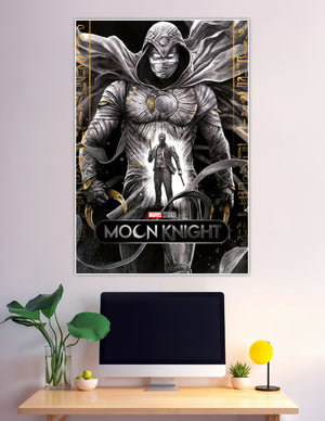 Moon Knight Marvel Studios poster featuring armored Moon Knight with glowing eyes, Egyptian hieroglyphic borders, gold accents, and alter ego figure in white suit