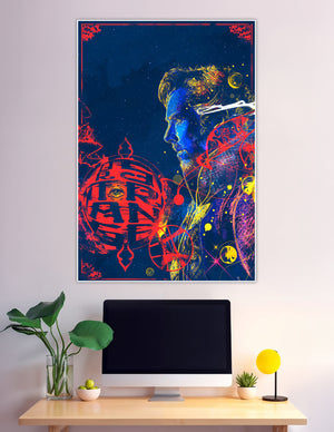 Psychedelic portrait of a mystical bearded sorcerer in cobalt blue with swirling red arcane glyphs, golden energy lines, and celestial orbs on a deep navy cosmic background