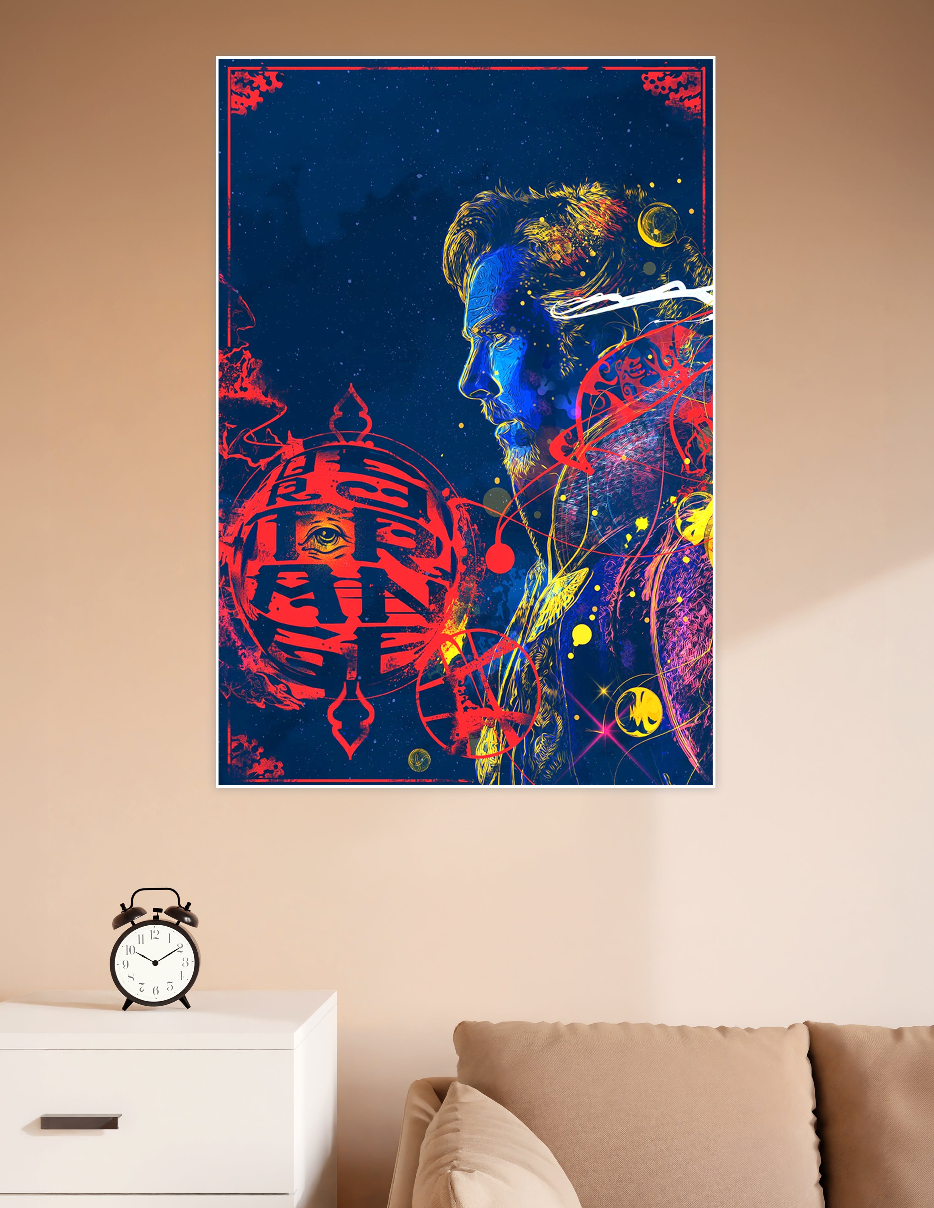 Psychedelic portrait of a mystical bearded sorcerer in cobalt blue with swirling red arcane glyphs, golden energy lines, and celestial orbs on a deep navy cosmic background
