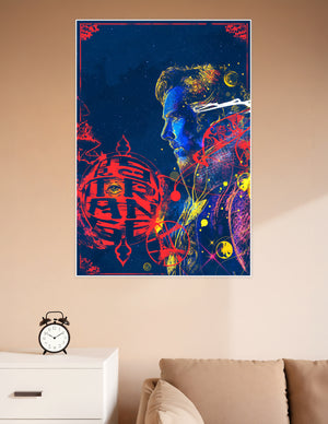 Psychedelic portrait of a mystical bearded sorcerer in cobalt blue with swirling red arcane glyphs, golden energy lines, and celestial orbs on a deep navy cosmic background