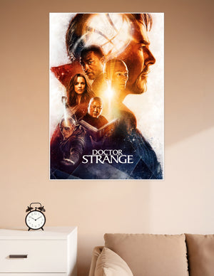 Doctor Strange Marvel movie poster featuring the Sorcerer Supreme and key characters in a dramatic golden and cosmic composition with the Eye of Agamotto
