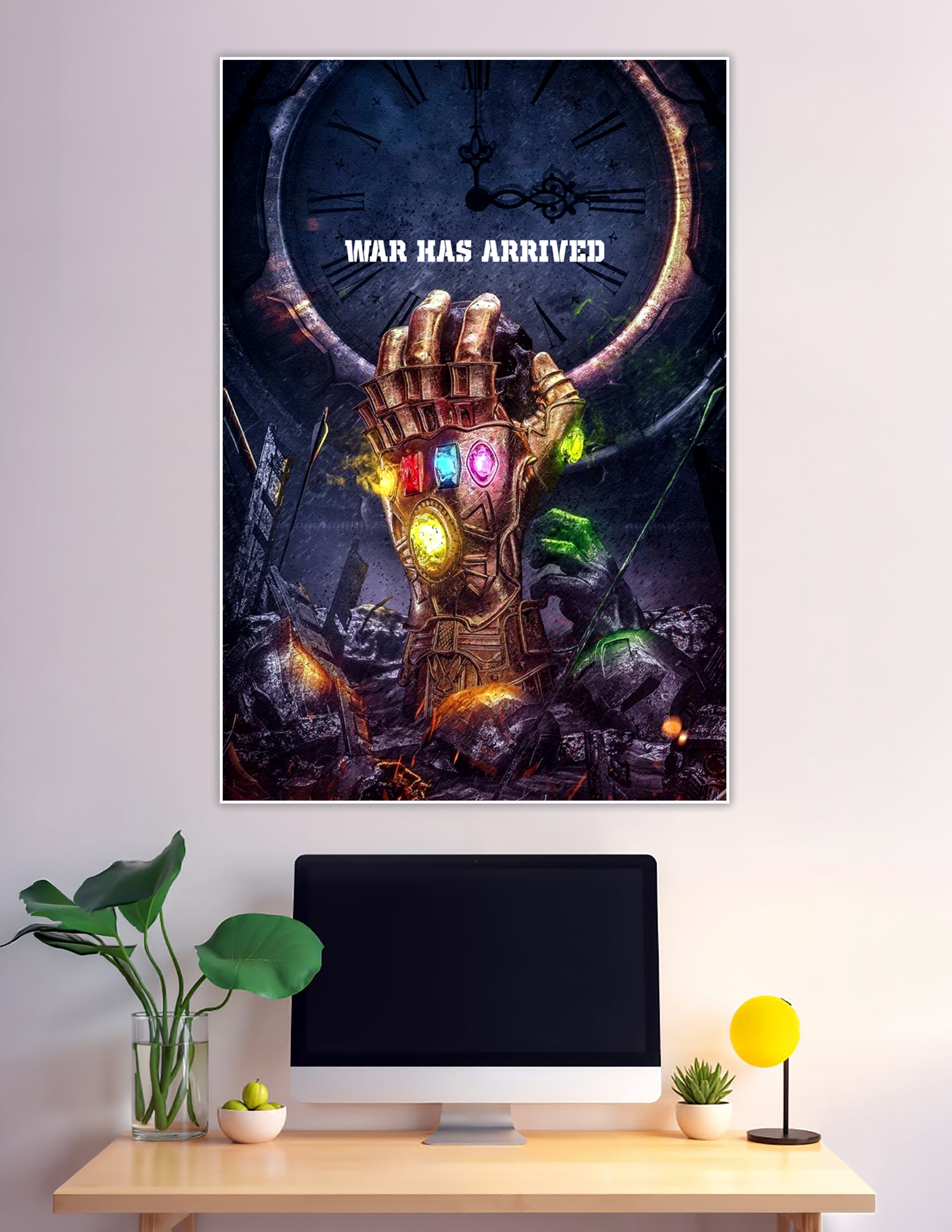 Infinity Gauntlet with glowing stones and clock backdrop