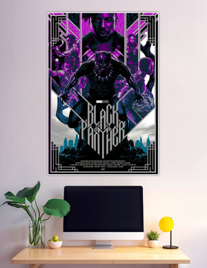 Black Panther Marvel Studios movie poster with art-deco design featuring the Black Panther suit, full cast ensemble, purple neon accents, and Wakanda cityscape