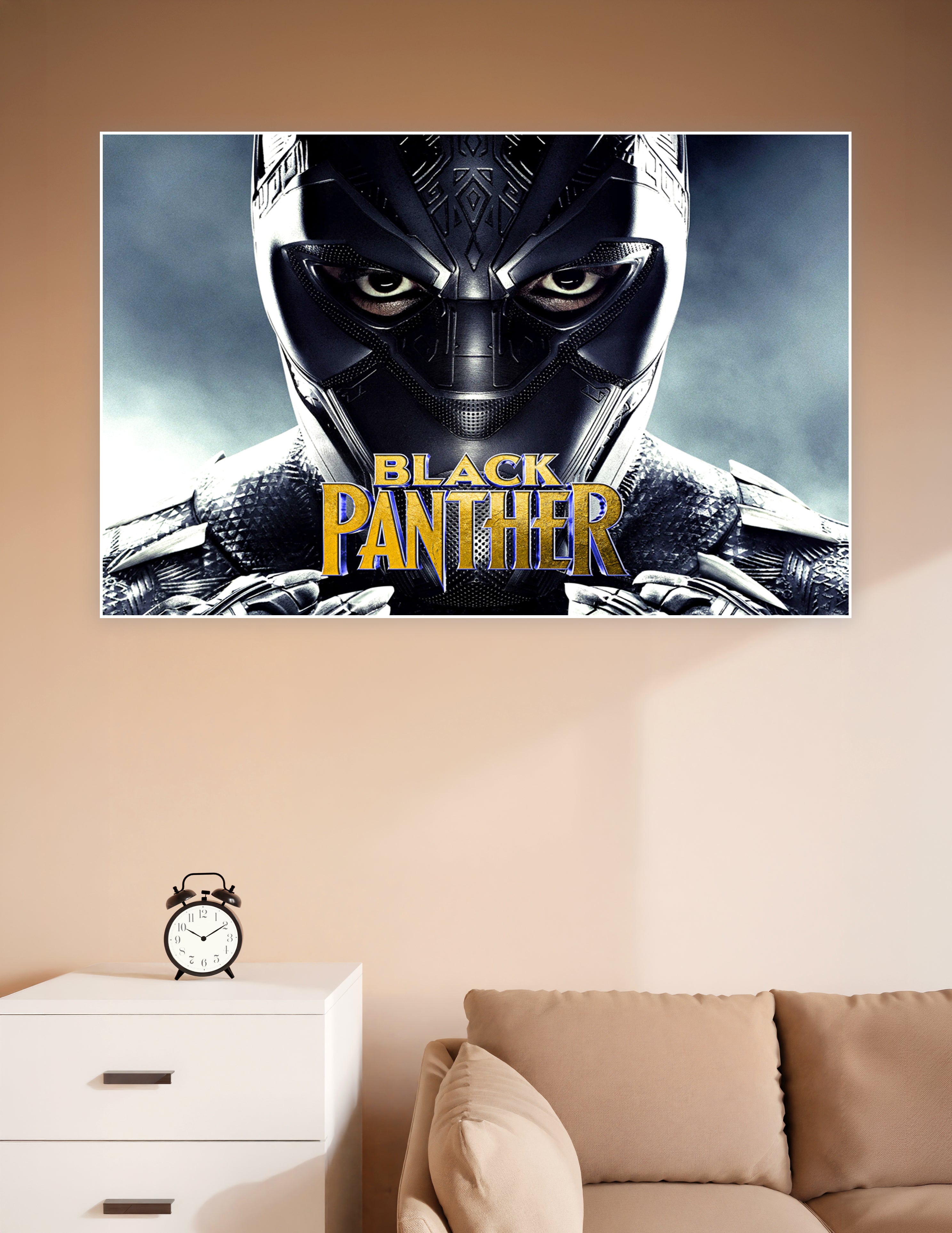 Black Panther in vibranium suit close-up movie poster with gold title text on dark stormy background