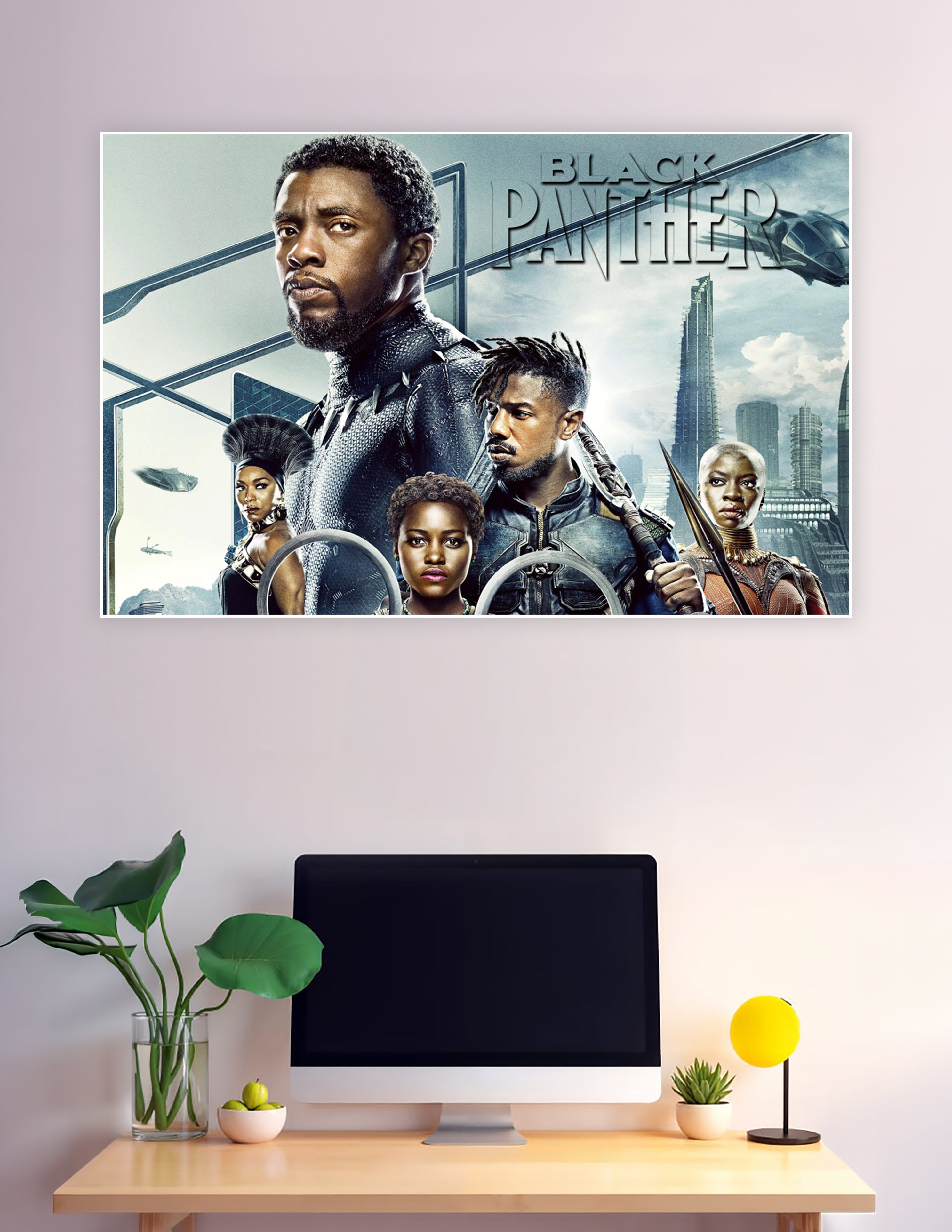 Black Panther Marvel movie poster featuring the Wakanda cast including T'Challa and Killmonger against a futuristic cityscape backdrop