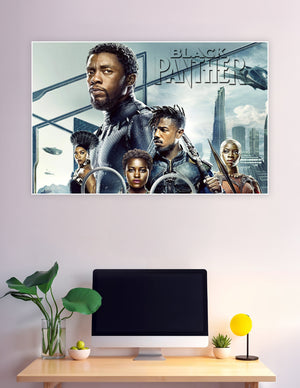 Black Panther Marvel movie poster featuring the Wakanda cast including T'Challa and Killmonger against a futuristic cityscape backdrop