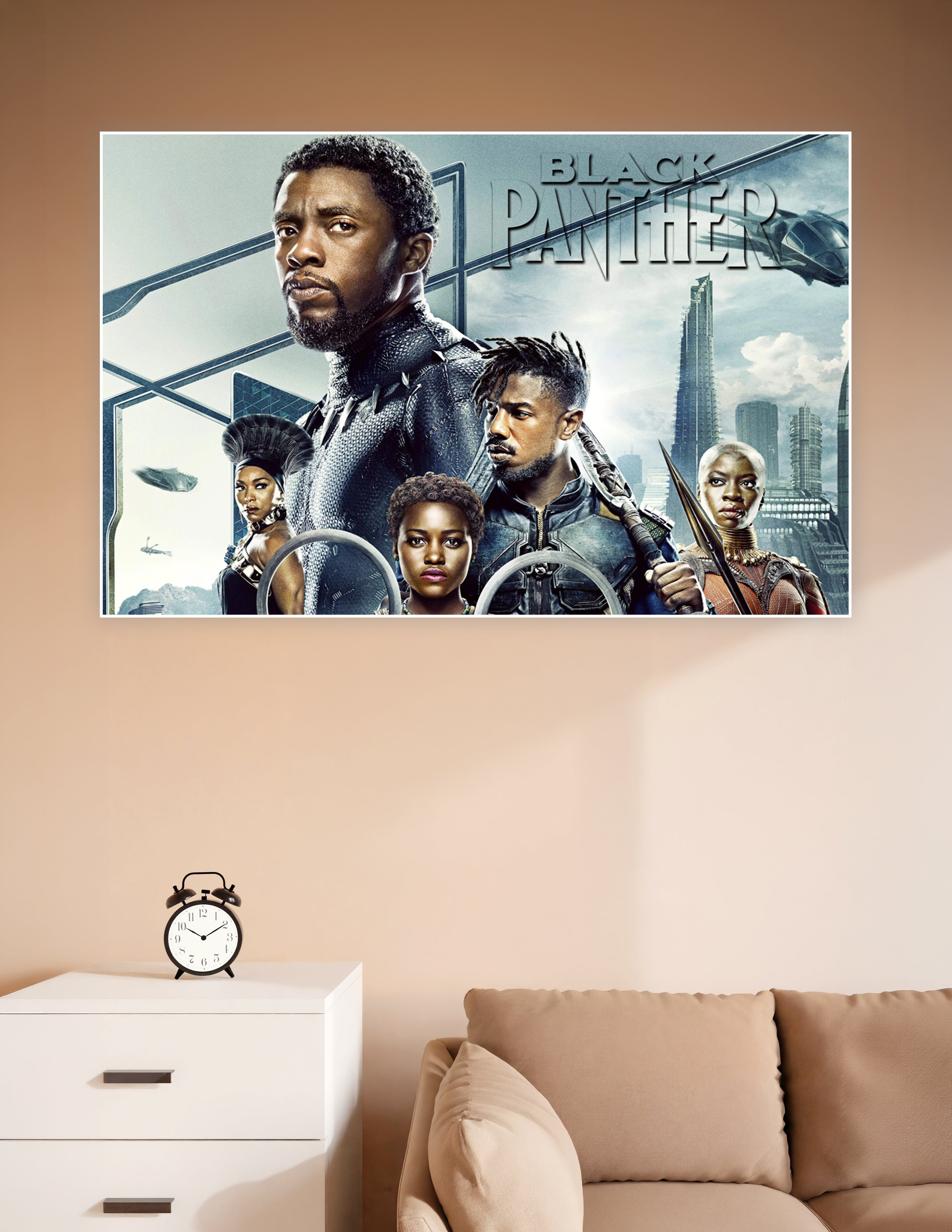 Black Panther Marvel movie poster featuring the Wakanda cast including T'Challa and Killmonger against a futuristic cityscape backdrop