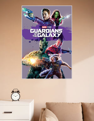 Guardians of the Galaxy Marvel Studios movie poster featuring Star-Lord, Gamora, Groot, Rocket Raccoon, and Drax on a purple background