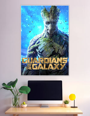 Groot from Guardians of the Galaxy standing against a glowing blue cosmic starfield with spacecraft in the background, movie title text in gold at the bottom