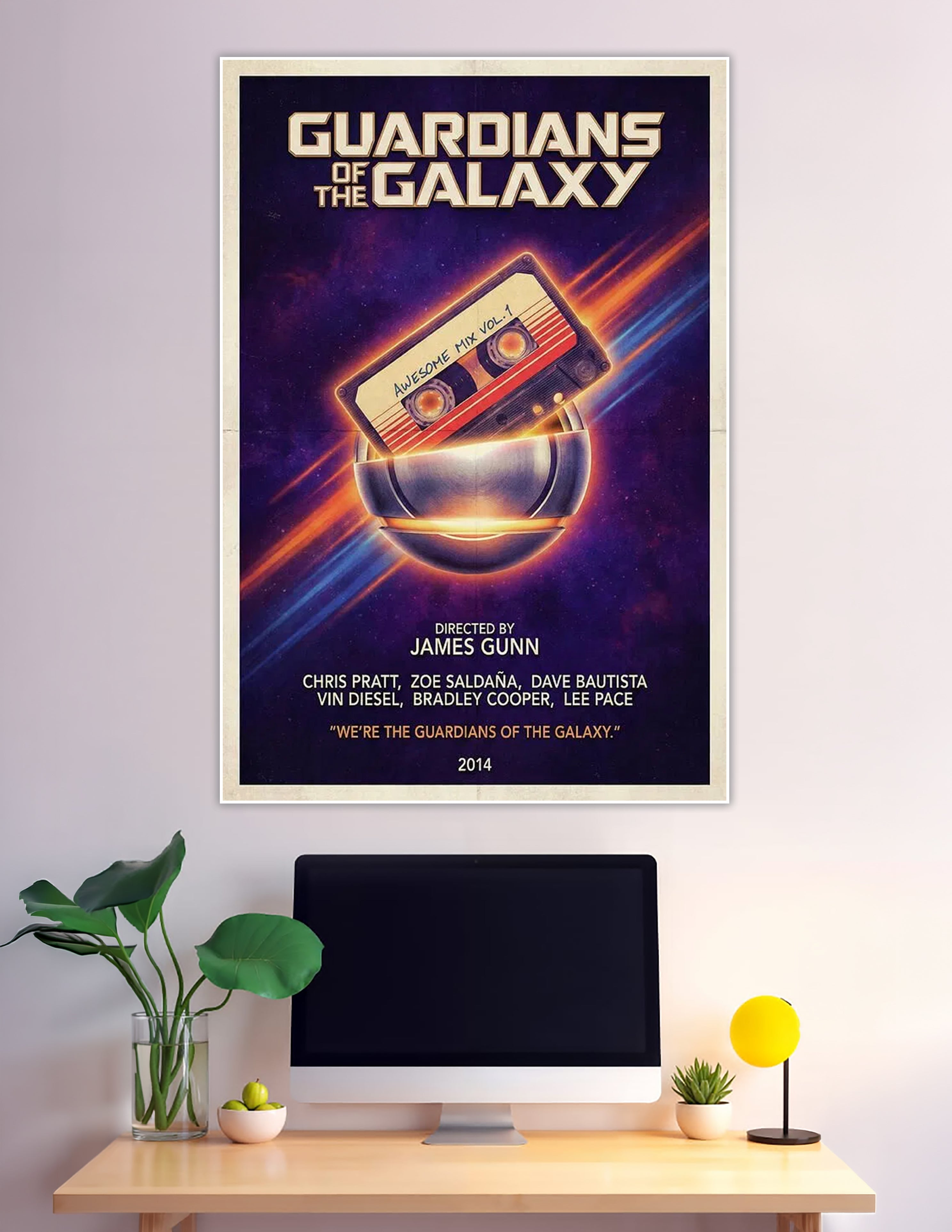 Guardians of the Galaxy 2014 movie poster featuring the Awesome Mix Vol. 1 cassette tape glowing against a purple cosmic space background, directed by James Gunn