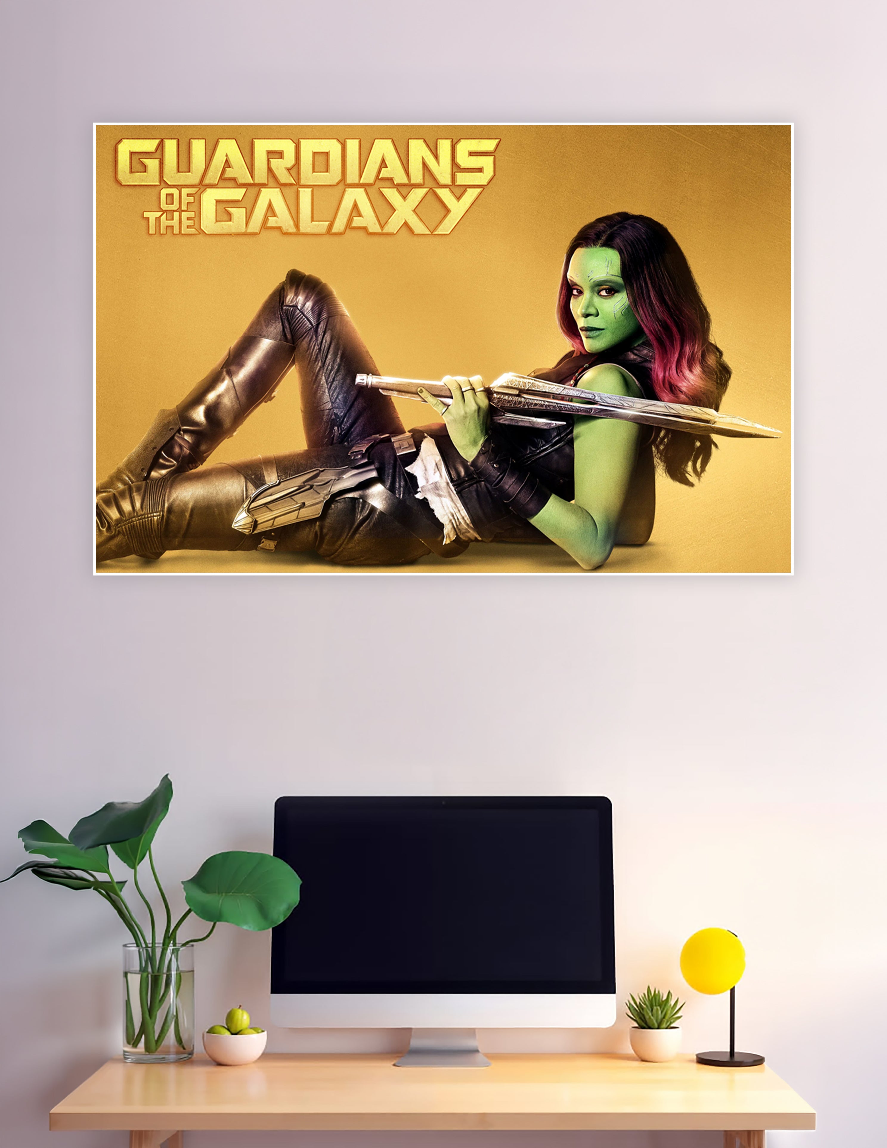 Gamora from Guardians of the Galaxy in black combat suit holding a sword against a golden background, official Marvel movie poster