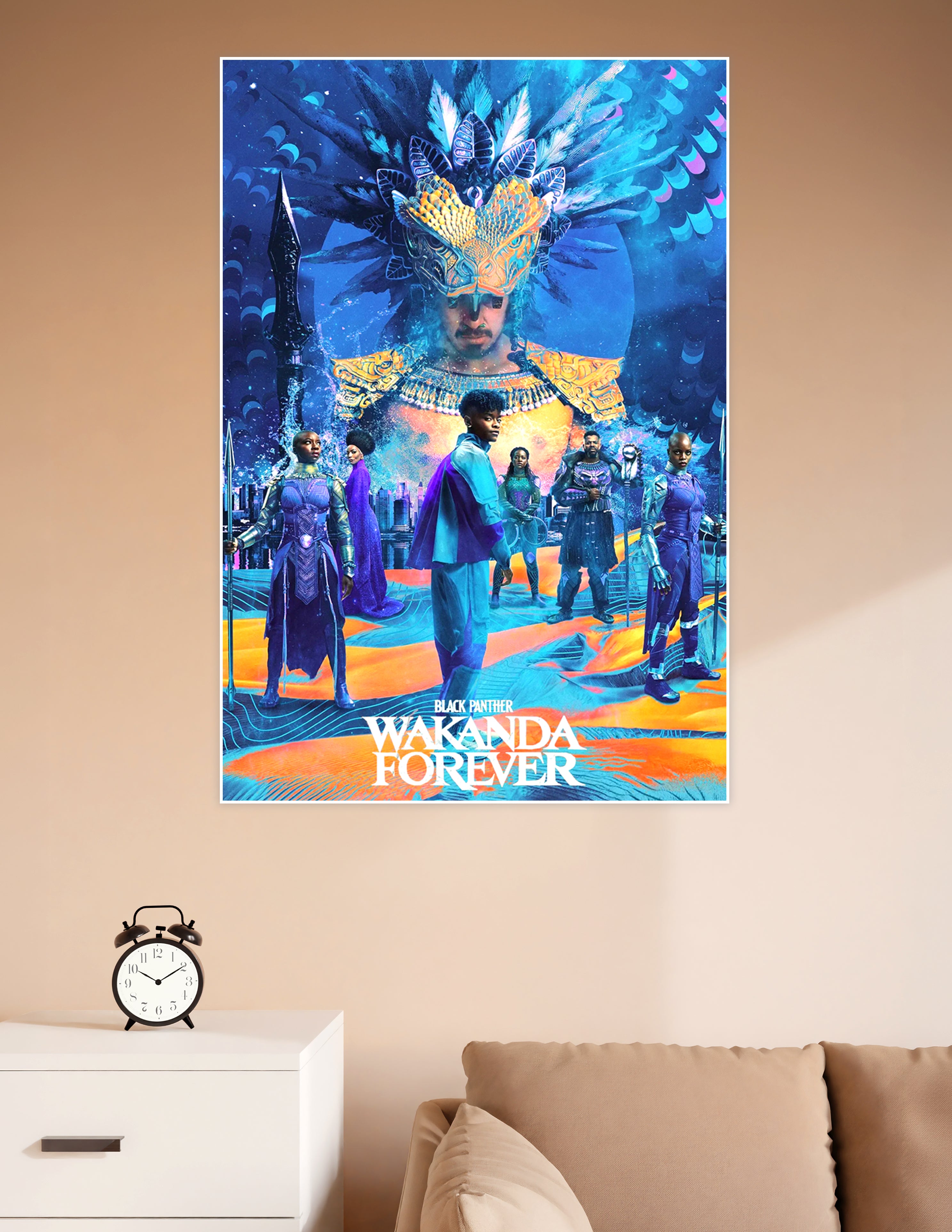 Black Panther Wakanda Forever official movie poster featuring Namor in feathered headdress with Wakandan warriors in vibrant blue and gold tones