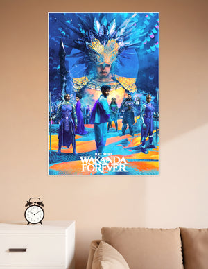 Black Panther Wakanda Forever official movie poster featuring Namor in feathered headdress with Wakandan warriors in vibrant blue and gold tones