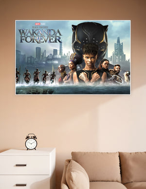 Marvel Studios Black Panther Wakanda Forever movie poster featuring the Black Panther helmet, Shuri, and Wakandan warriors rising from water with the futuristic Wakanda cityscape in the background
