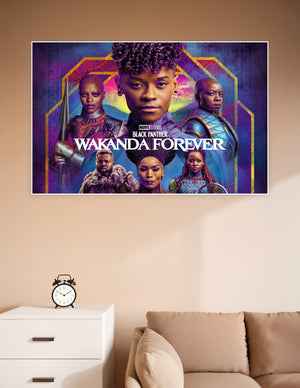Marvel Studios Black Panther Wakanda Forever official movie poster featuring the full cast in Afrofuturist warrior costumes against a vivid purple and gold background