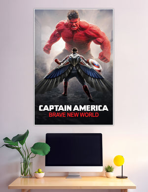 Captain America Brave New World movie poster showing the new Captain America with wings and shield facing the massive Red Hulk in a dramatic battle scene