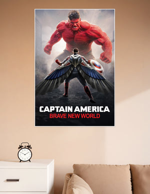 Captain America Brave New World movie poster showing the new Captain America with wings and shield facing the massive Red Hulk in a dramatic battle scene