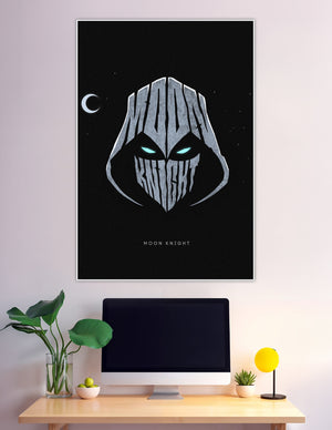 Moon Knight minimalist poster with hooded mask, glowing cyan eyes, bold typography, and crescent moon on black starry background