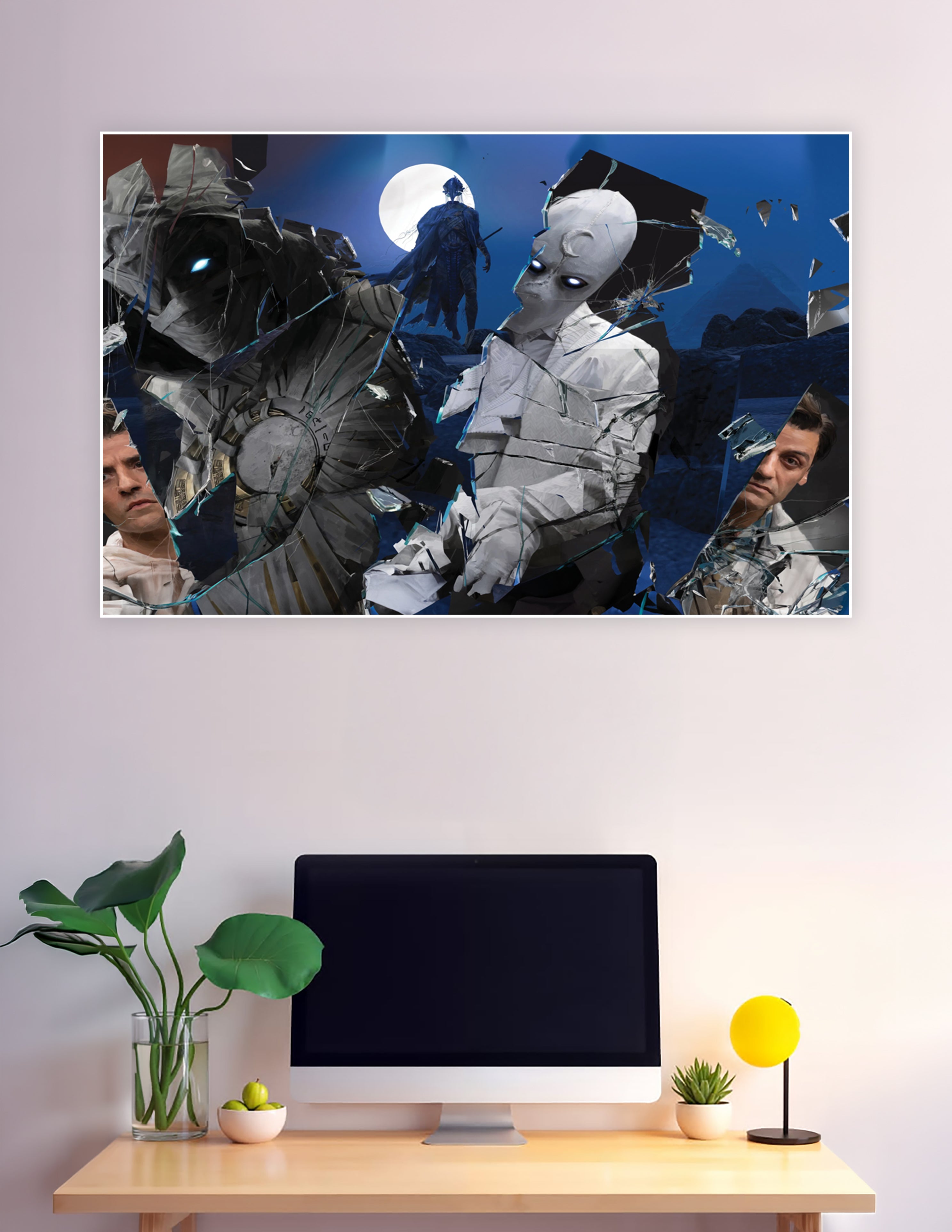 Moon Knight shattered glass collage poster featuring multiple personas, glowing white eyes, armored suits, and a dramatic full moon blue background