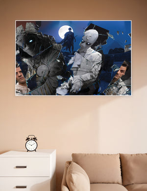 Moon Knight shattered glass collage poster featuring multiple personas, glowing white eyes, armored suits, and a dramatic full moon blue background