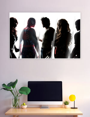 Dramatic backlit silhouette poster of Marvel superheroes including Spider-Man and Wolverine with glowing embers and cinematic lighting