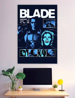 Blade vampire hunter retro movie poster with electric blue duotone design, bold title typography, character panels, and the tagline Sometimes it takes one to kill one